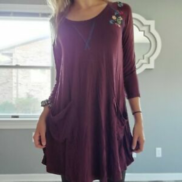 Anthropologie Dresses & Skirts - Caite Maroon dress with pockets and Floral Embroid
